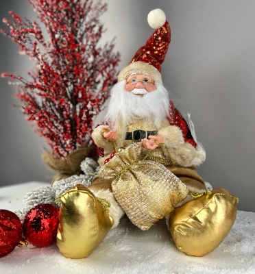Дед Мороз музыкальный с золотым мешком  35 см сувенир