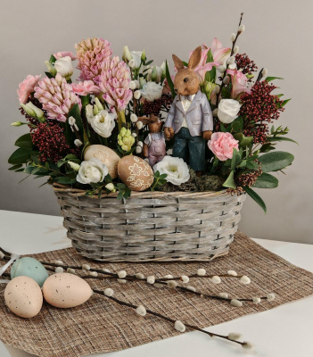 Пасхальная корзина с зайцем в костюме для мамы 